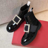 Rhinestone Square Buckle Boots Flat Women's-BS01016-Veeddydropshipping